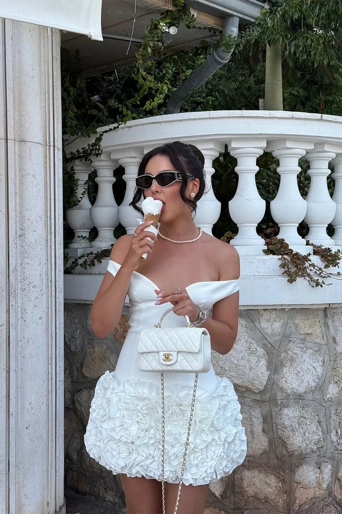 White Off the Shoulder 3D Ruffle Bubble Hem Mini Dress Cocktail Party Dress RM256 Sheer Fairy
