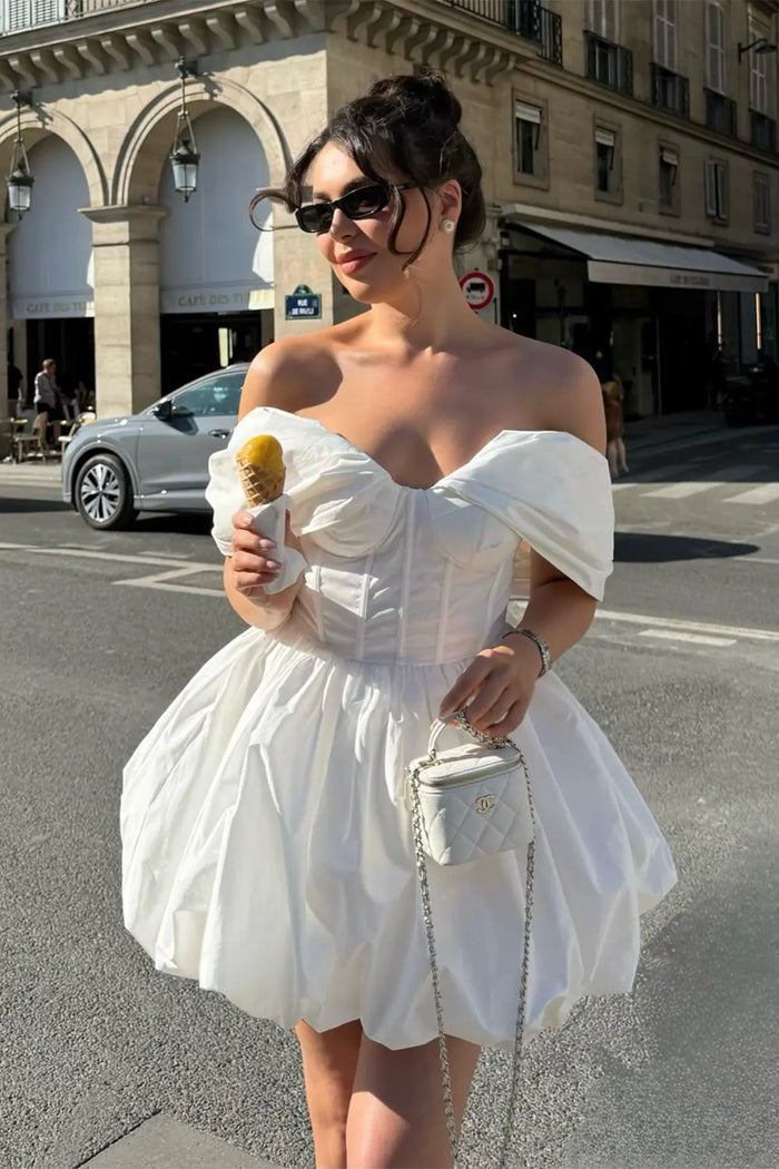 White Off the Shoulder Mini Dress Corset Bubble Hem Party Dress RM254 Sheer Fairy