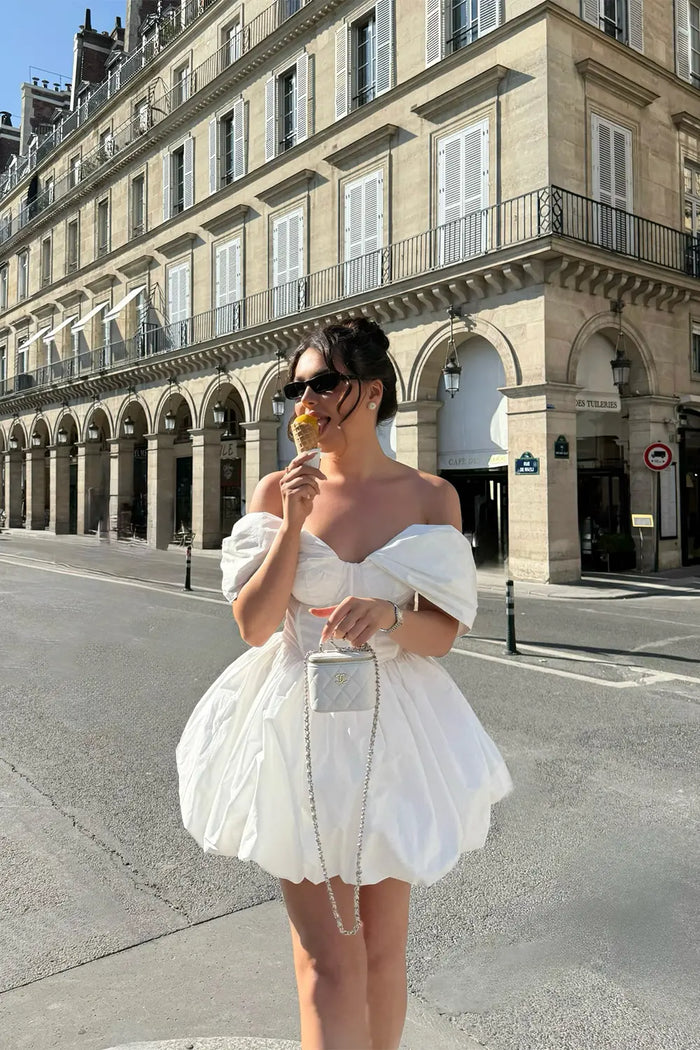 White Off the Shoulder Mini Dress Corset Bubble Hem Party Dress RM254 Sheer Fairy