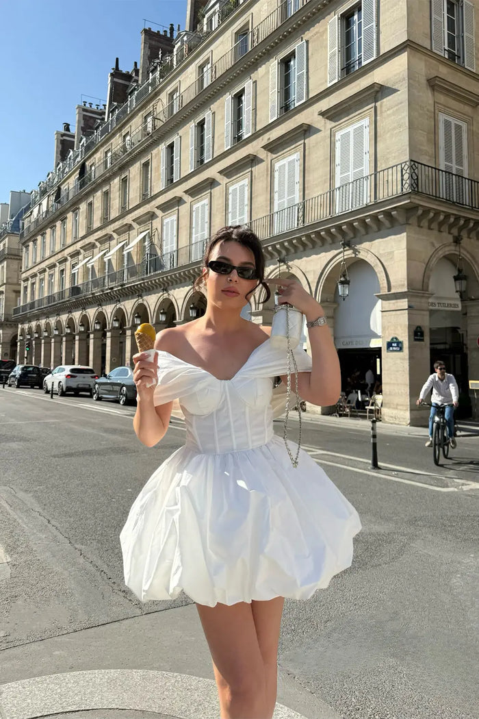 White Off the Shoulder Mini Dress Corset Bubble Hem Party Dress RM254 Sheer Fairy