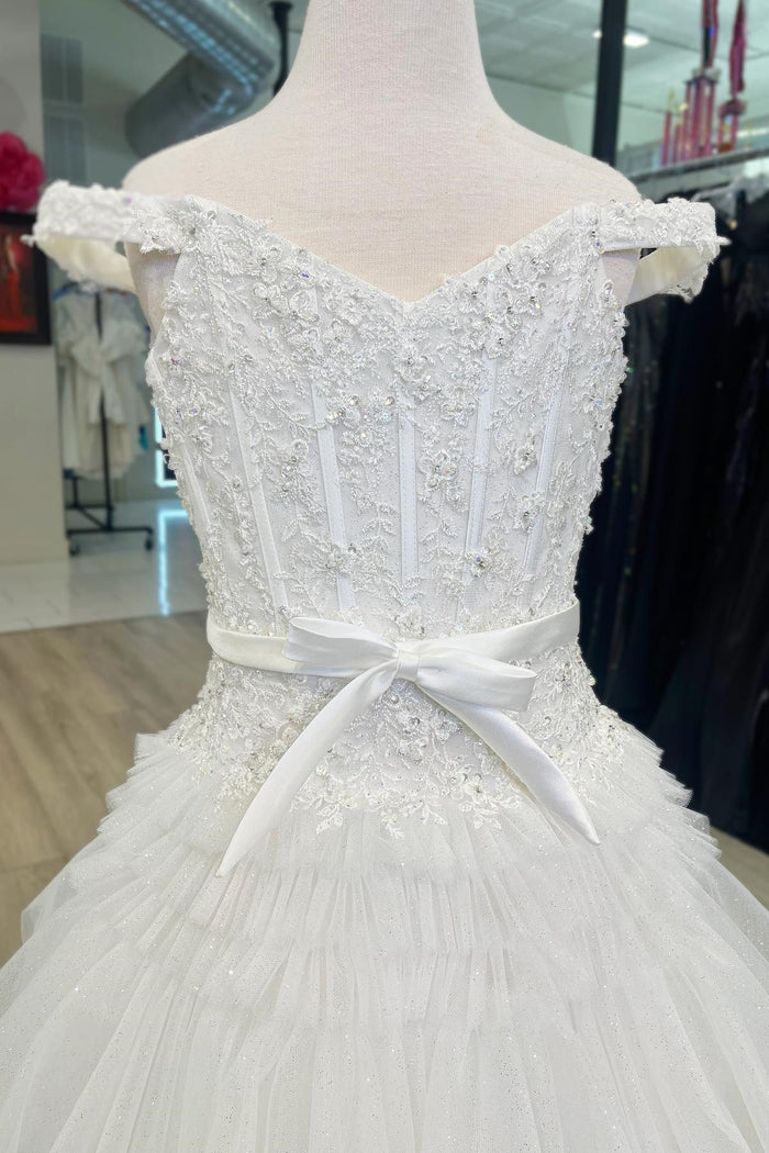 White Off-the-Shoulder Tiered Girl Pageant Dress with Ruffles