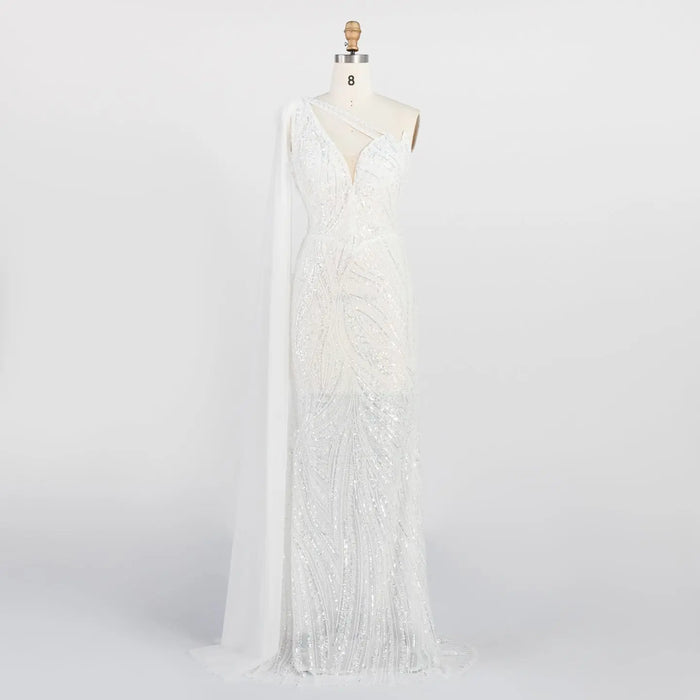 White One Shoulder Mermaid Evening Gown Full Sequin Sparkle Party Dress with Cape ST010 Sheer Fairy