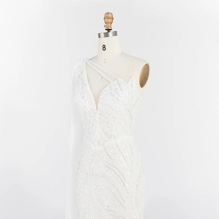 White One Shoulder Mermaid Evening Gown Full Sequin Sparkle Party Dress with Cape ST010 Sheer Fairy