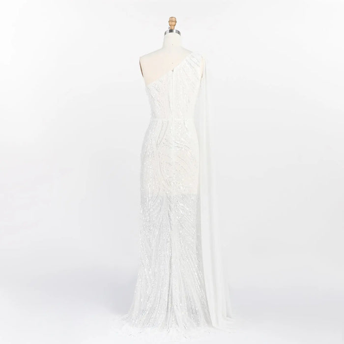 White One Shoulder Mermaid Evening Gown Full Sequin Sparkle Party Dress with Cape ST010 Sheer Fairy