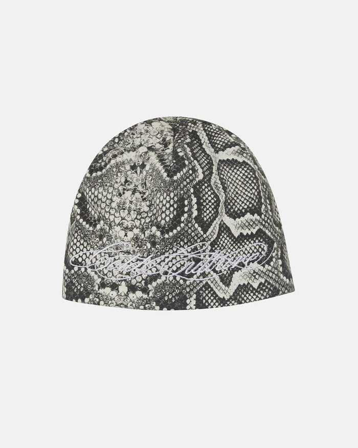 WILD SCRIPT BEANIE SNAKE - grey snake print beanie, front view - Cold Culture