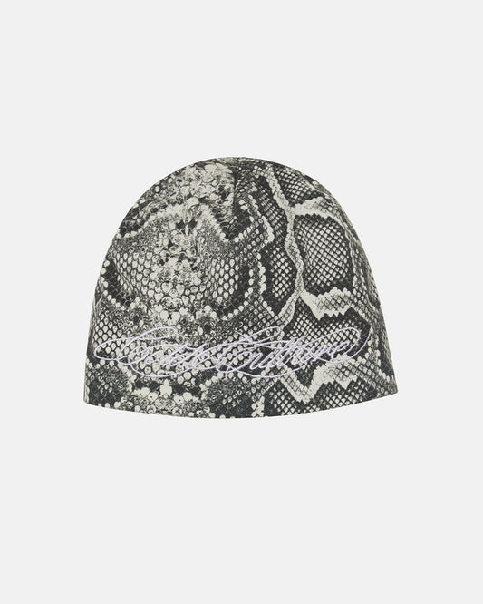 WILD SCRIPT BEANIE SNAKE - grey snake print beanie, front view - Cold Culture