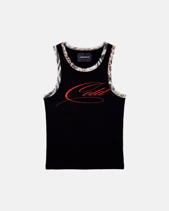 WILD TANK TOP BLACK - black leopard trim tank top, front view - Cold Culture