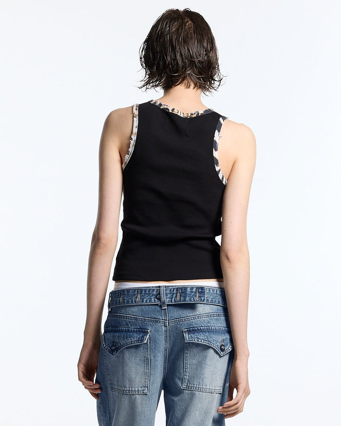 WILD TANK TOP BLACK - black leopard trim tank top, back view on female model - Cold Culture