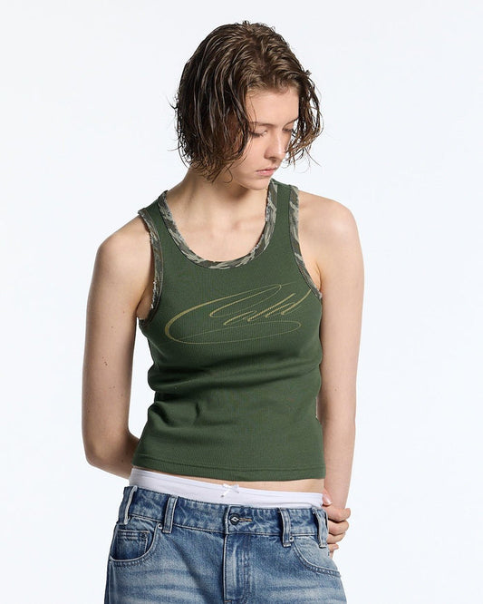 WILD TANK TOP GREEN - green camo trim tank top, front view on female model - Cold Culture #woman