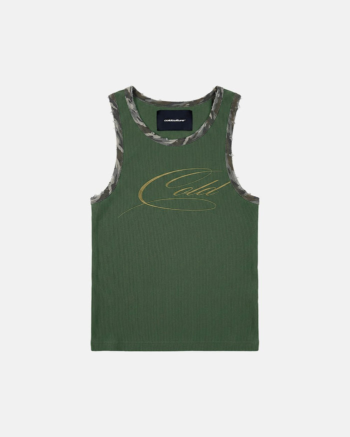 WILD TANK TOP GREEN - green camo trim tank top, front view - Cold Culture