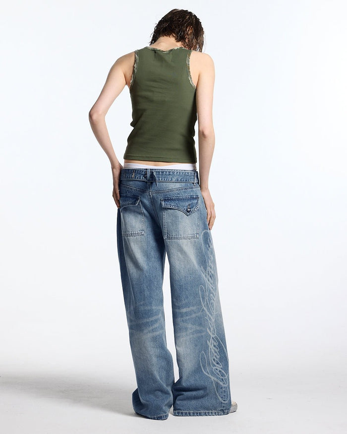 WILD TANK TOP GREEN - green camo trim tank top, back view on female model - Cold Culture
