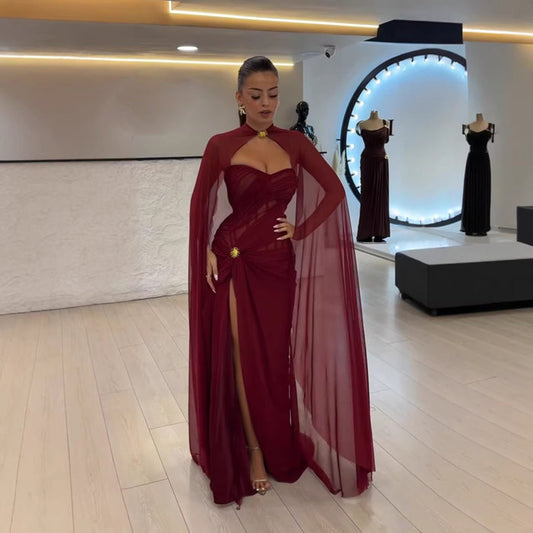 wine red Strapless Ruched Prom Evening Dress Gowns With Cape Slit LA73652