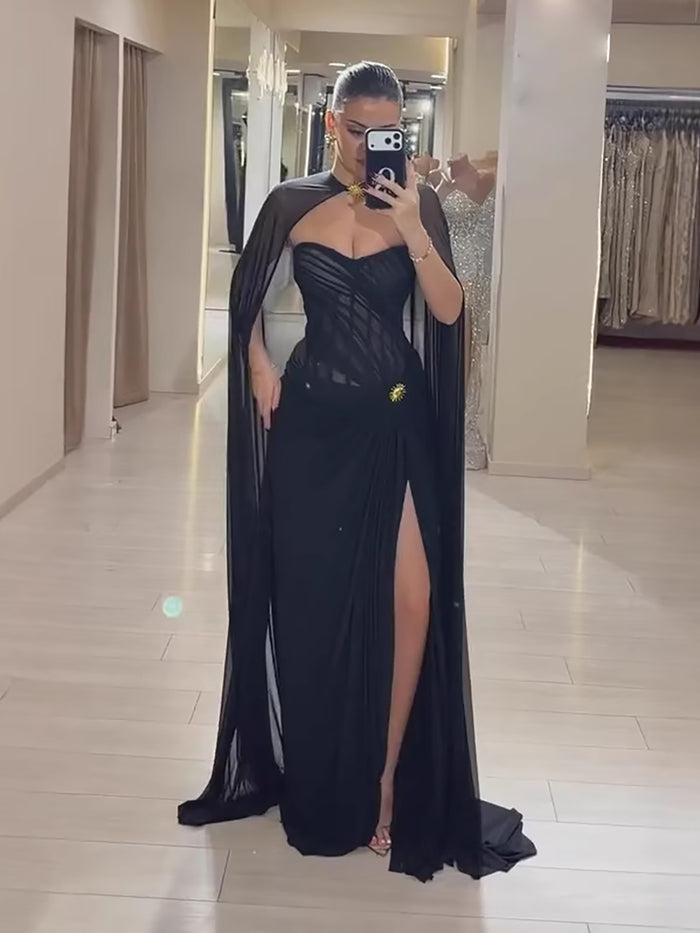 wine red Strapless Ruched Prom Evening Dress Gowns With Cape Slit LA73652