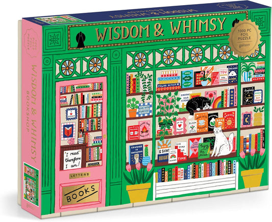 Jigsaw puzzle box with 'Wisdom & Whimsy' design featuring books and animals.