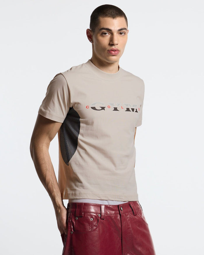 WORK HARD TEE WHITE - off-white mesh panel tee, front view on male model - Cold Culture #man