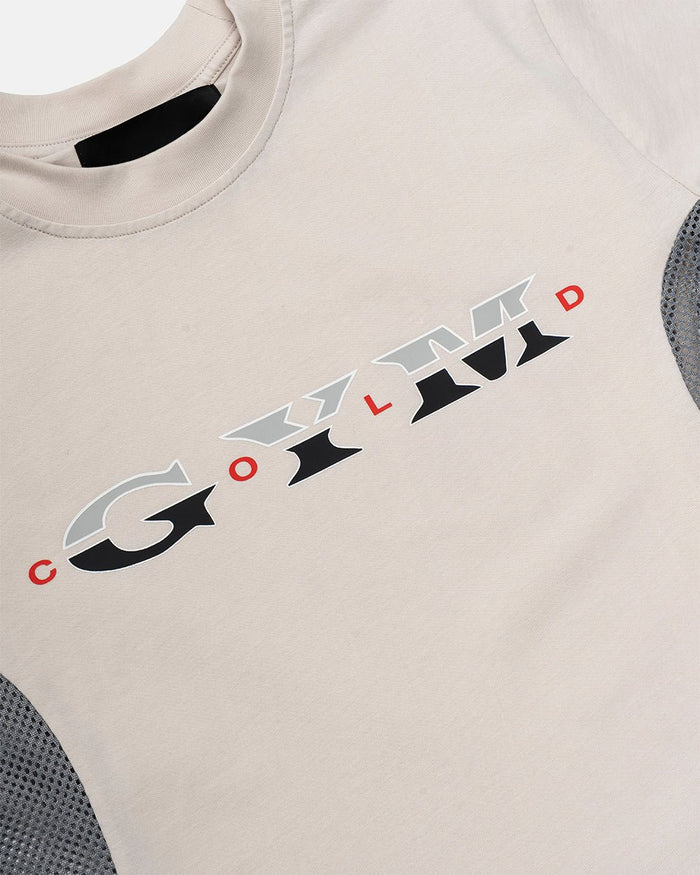 WORK HARD TEE WHITE - off-white mesh panel tee, detail close-up - Cold Culture