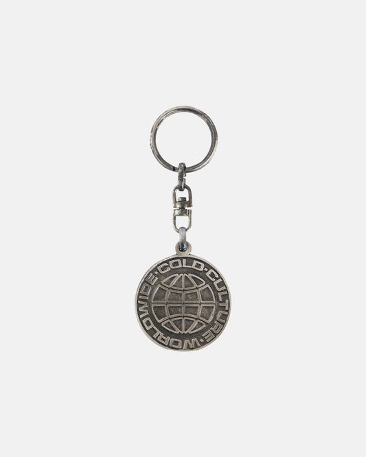 WORLD LOGO METAL KEYCHAIN - silver metal logo keychain, front view - Cold Culture