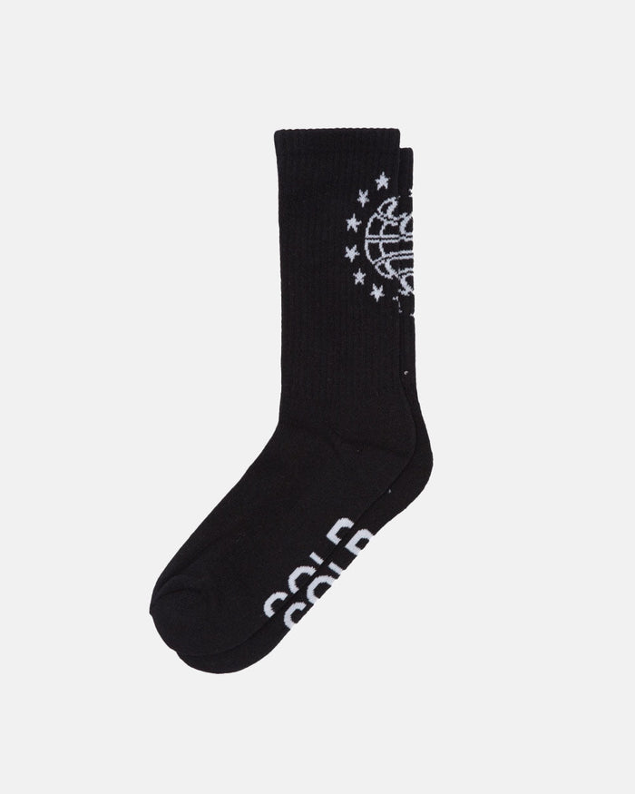 WORLD STARS SOCKS BLACK - black crew socks, flat lay - Cold Culture
