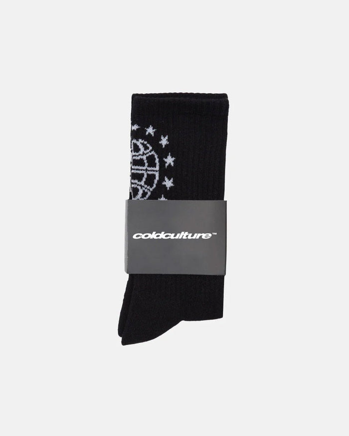 WORLD STARS SOCKS BLACK - black crew socks, flat lay - Cold Culture