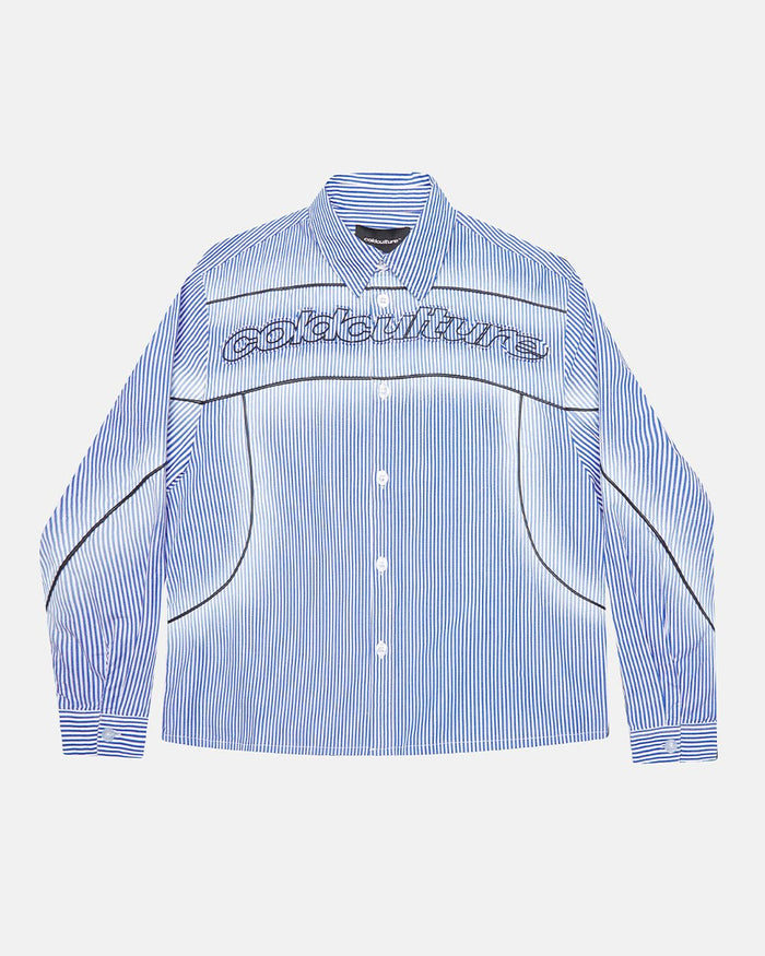 WORLDWIDE LONGSLEEVE SHIRT BLUE & WHITE - blue striped button-up shirt, front view - Cold Culture