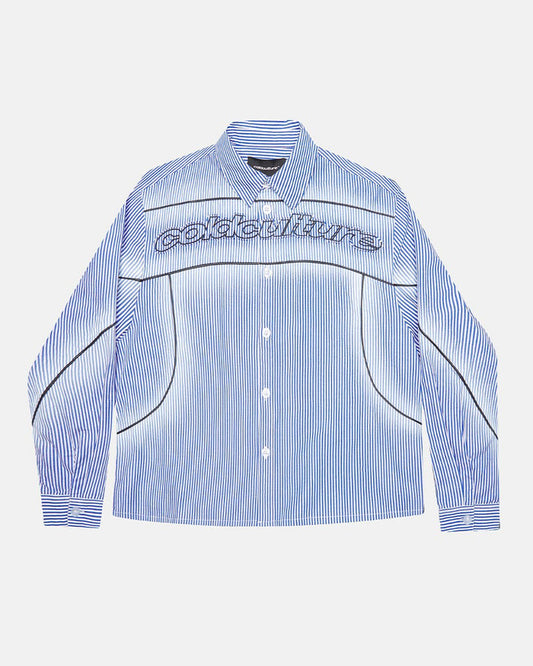 WORLDWIDE LONGSLEEVE SHIRT BLUE & WHITE - blue striped button-up shirt, front view - Cold Culture