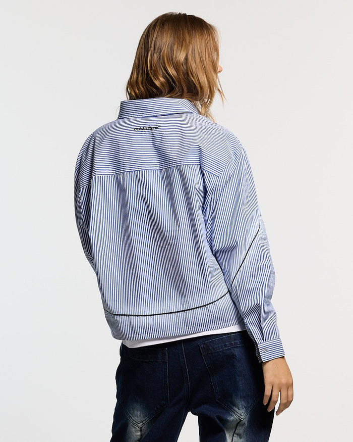 WORLDWIDE LONGSLEEVE SHIRT BLUE & WHITE - blue striped button-up shirt, back view on female model - Cold Culture #woman