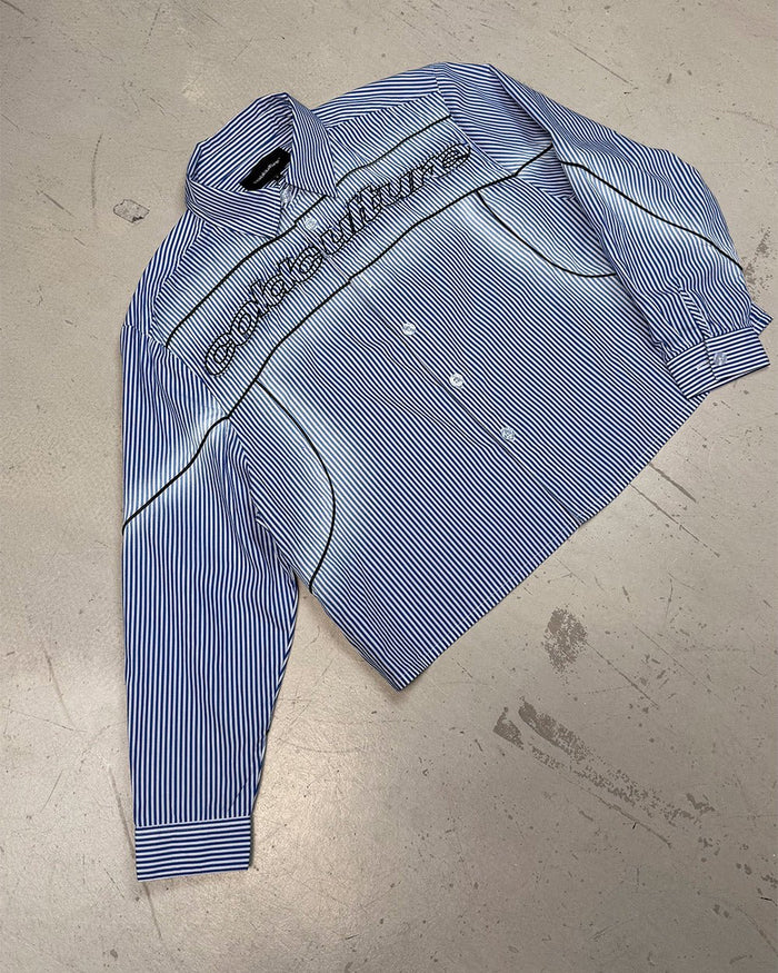 WORLDWIDE LONGSLEEVE SHIRT BLUE & WHITE - blue striped button-up shirt, flat lay - Cold Culture