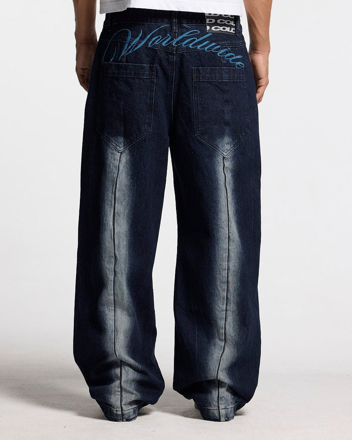 WORLDWIDE V2 PANTS DARK DENIM - dark denim baggy pants, back view on male model - Cold Culture #man