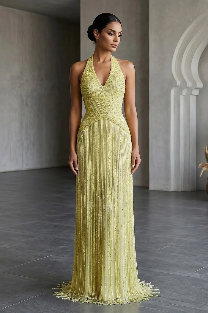Yellow Beaded Halter Neck Fringe Mermaid Evening Gown with Open Back SS554 Sheer Fairy