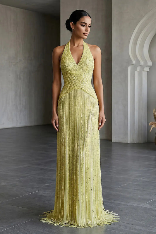 Yellow Beaded Halter Neck Fringe Mermaid Evening Gown with Open Back SS554 Sheer Fairy