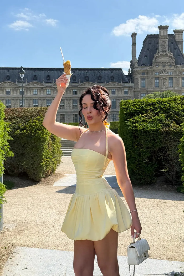 Yellow Halter Mini Dress Bubble Hem Corset Back Summer Prom Dress RM250 Sheer Fairy