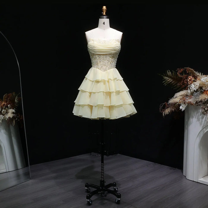 Yellow Strapless Lace Tiered Chiffon Homecoming Dress with Lace-Up Back RM143 Sheer Fairy