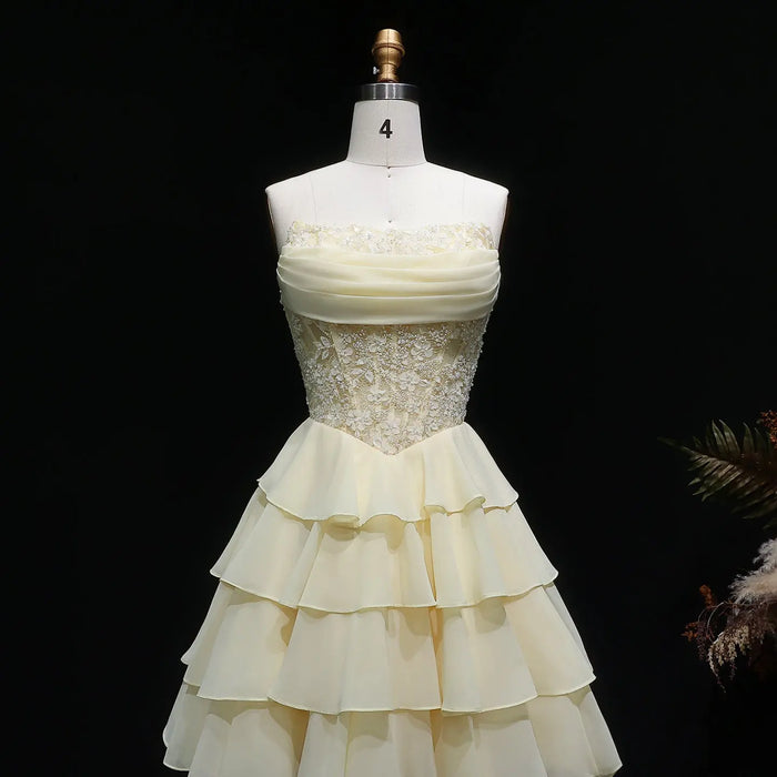 Yellow Strapless Lace Tiered Chiffon Homecoming Dress with Lace-Up Back RM143 Sheer Fairy