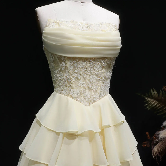 Yellow Strapless Lace Tiered Chiffon Homecoming Dress with Lace-Up Back RM143 Sheer Fairy