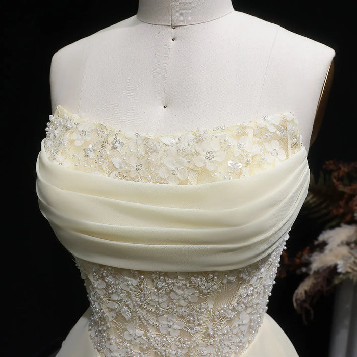 Yellow Strapless Lace Tiered Chiffon Homecoming Dress with Lace-Up Back RM143 Sheer Fairy