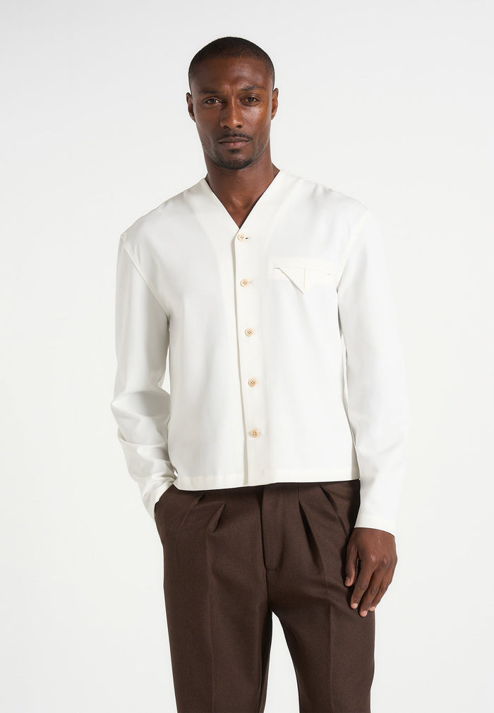 Zac - Boxy V-Neck Long Sleeve Shirt - White