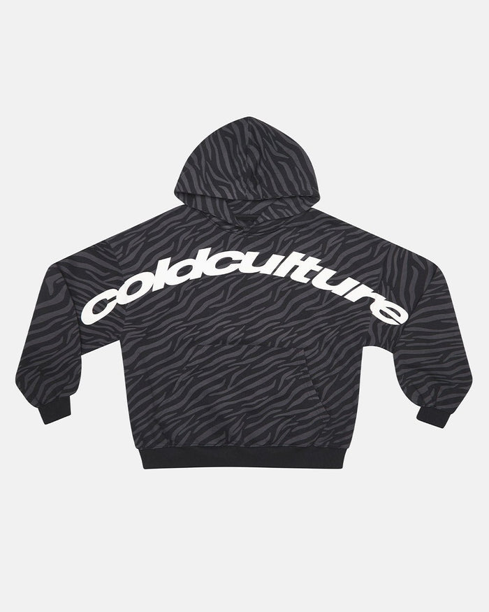ZEBRA HOODIE BLACK - black zebra print hoodie, front view - Cold Culture