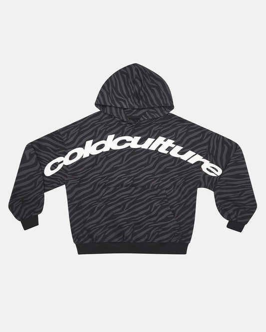ZEBRA HOODIE BLACK - black zebra print hoodie, front view - Cold Culture