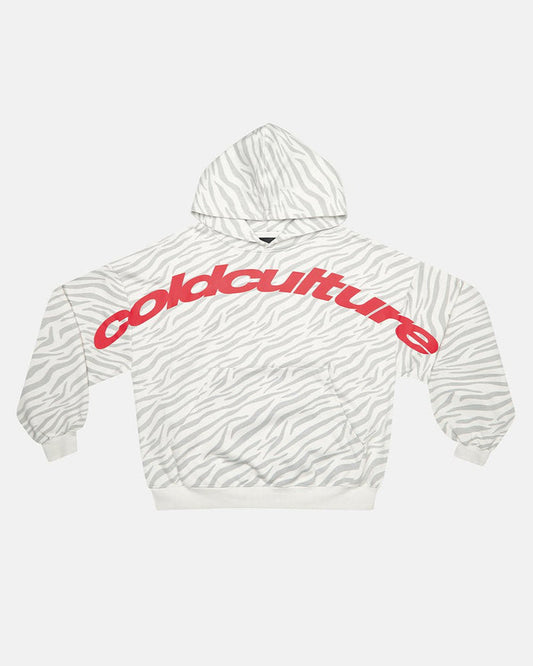 ZEBRA HOODIE WHITE - white zebra print hoodie, front view - Cold Culture