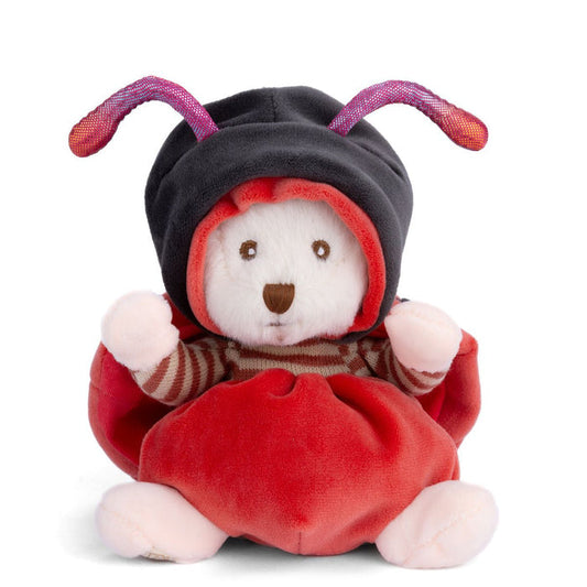 Plush toy dressed as a ladybug with a black shell, red body, and pink antennae on a white background.